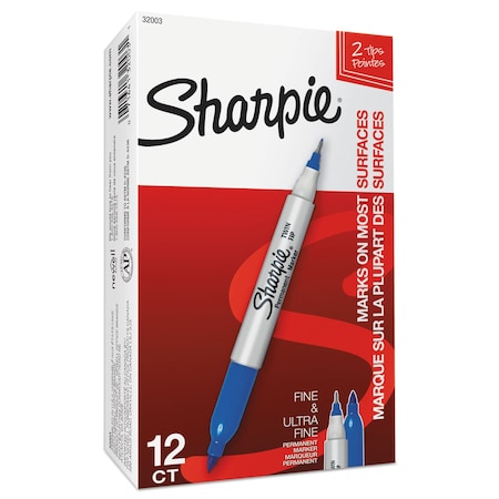 Sharpie Twin-Tip Permanent Marker, Extra-Fine/Fine Bullet Tips, Blue, PK12 32003